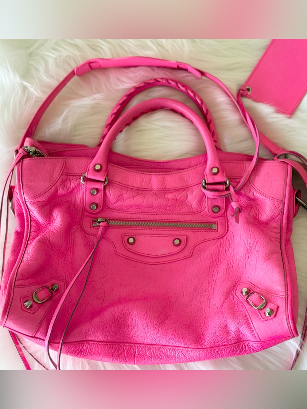 BALENCIAGA CITY BAG BARBIE PINK W/STRAP & MIRROR MOTO BAG MEDIUM ROSE FLUO NEON - Picture 13 of 15